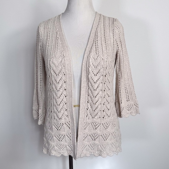 Beautiful Boho Ivory Open Weave Cable Knit Cardigan Large Sweater Cottage Core - Picture 7 of 11